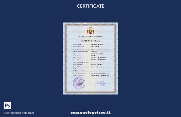 modello PSD del certificato di morte del documento di stato civile del Liechtens